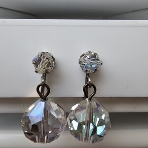 Vintage Aurora Borealis AB Crystal Bead Ball Drop Dangle Clip on Earrings